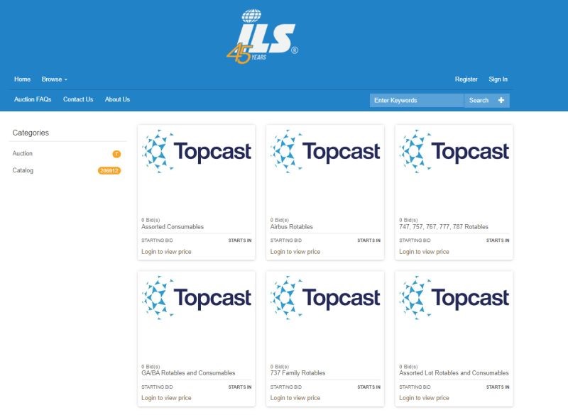 Topcast宣布于ILS 在线平台上举行航材拍卖